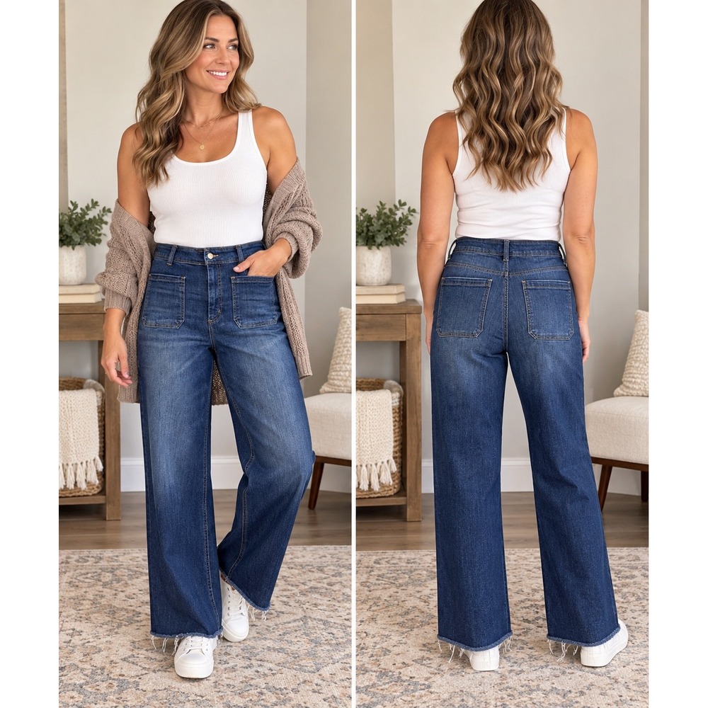 OAT New York High Rise Wide Leg Jeans Raw Hem Front Patch Pockets Women's 10/30